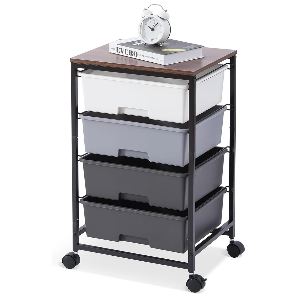 SYKIARIOL 4-drawer rolling storage cart, gray gradient drawers on a black metal frame
