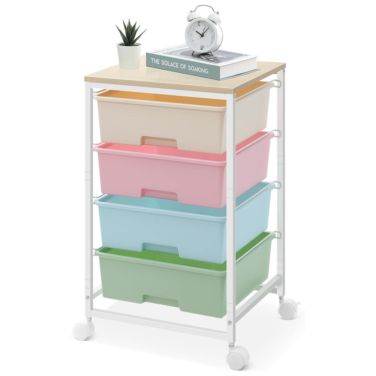 SYKIARIOL 4-drawer rolling storage cart, rainbow pastel drawers in beige, pink, blue and green