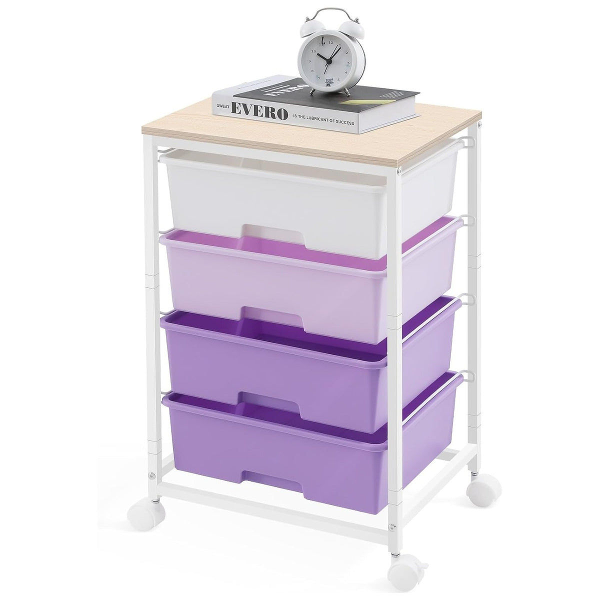 SYKIARIOL 4-drawer rolling storage cart, purple gradient drawers with an alarm clock and book on top