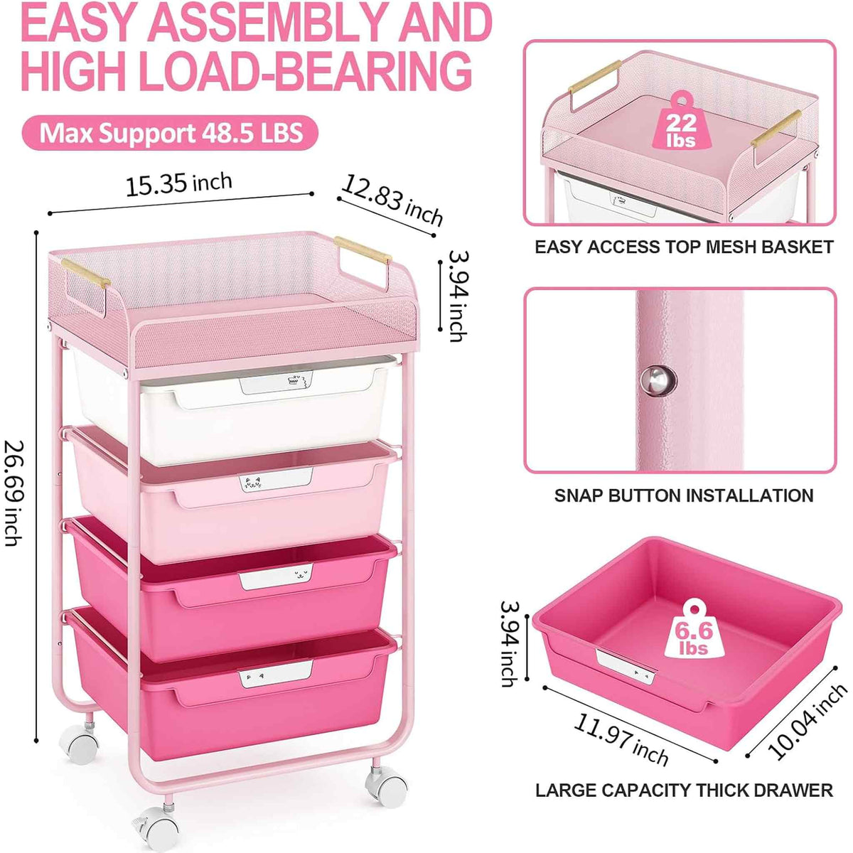 SYKIARIOL 4-drawer rolling storage cart – easy assembly infographic: 15.35 x 12.83 x 26.69 in, supports up to 48.5 lbs