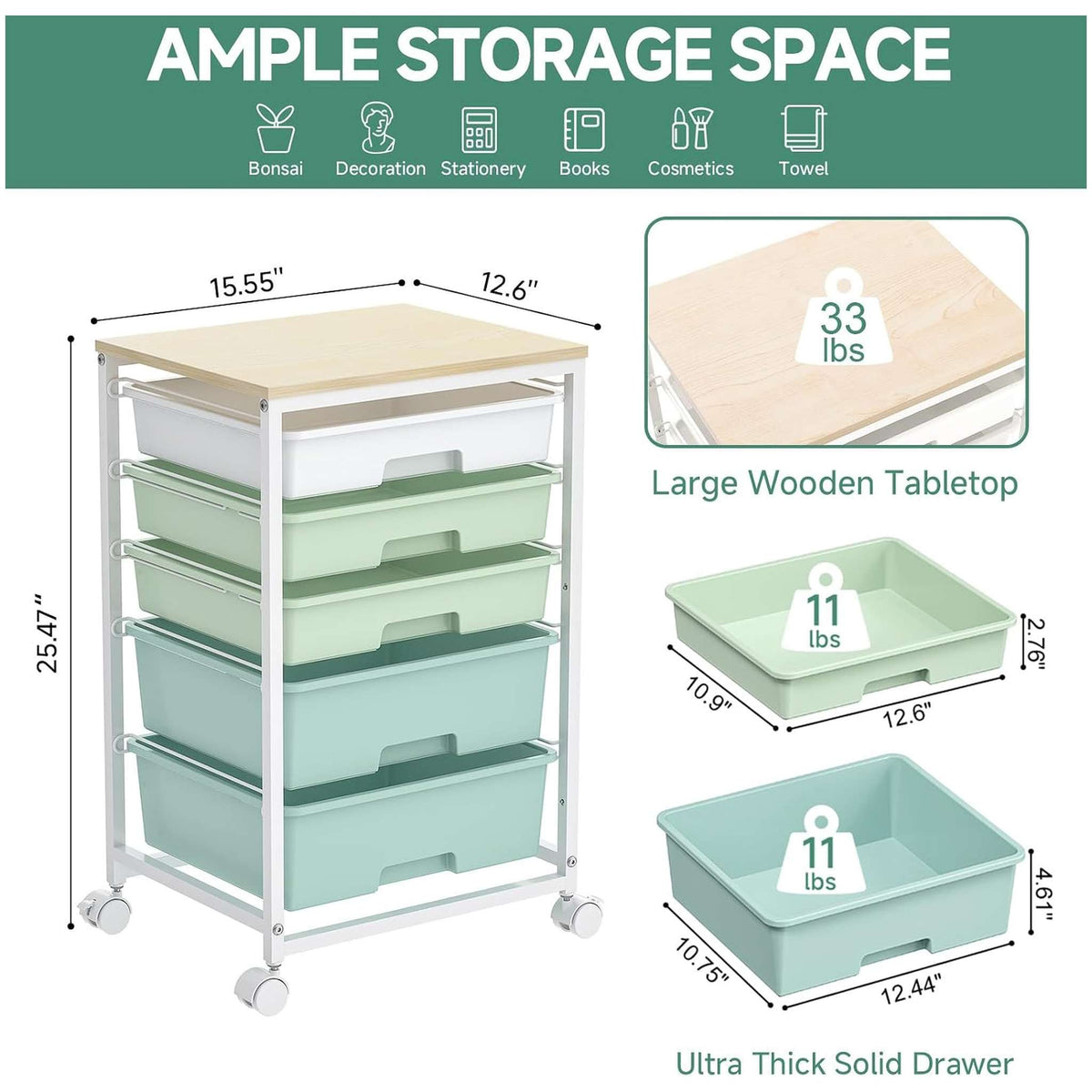 SYKIARIOL 5-drawer rolling storage cart – size infographic: 15.55 x 12.6 x 25.47 in, 33 lb top and 11 lb drawers