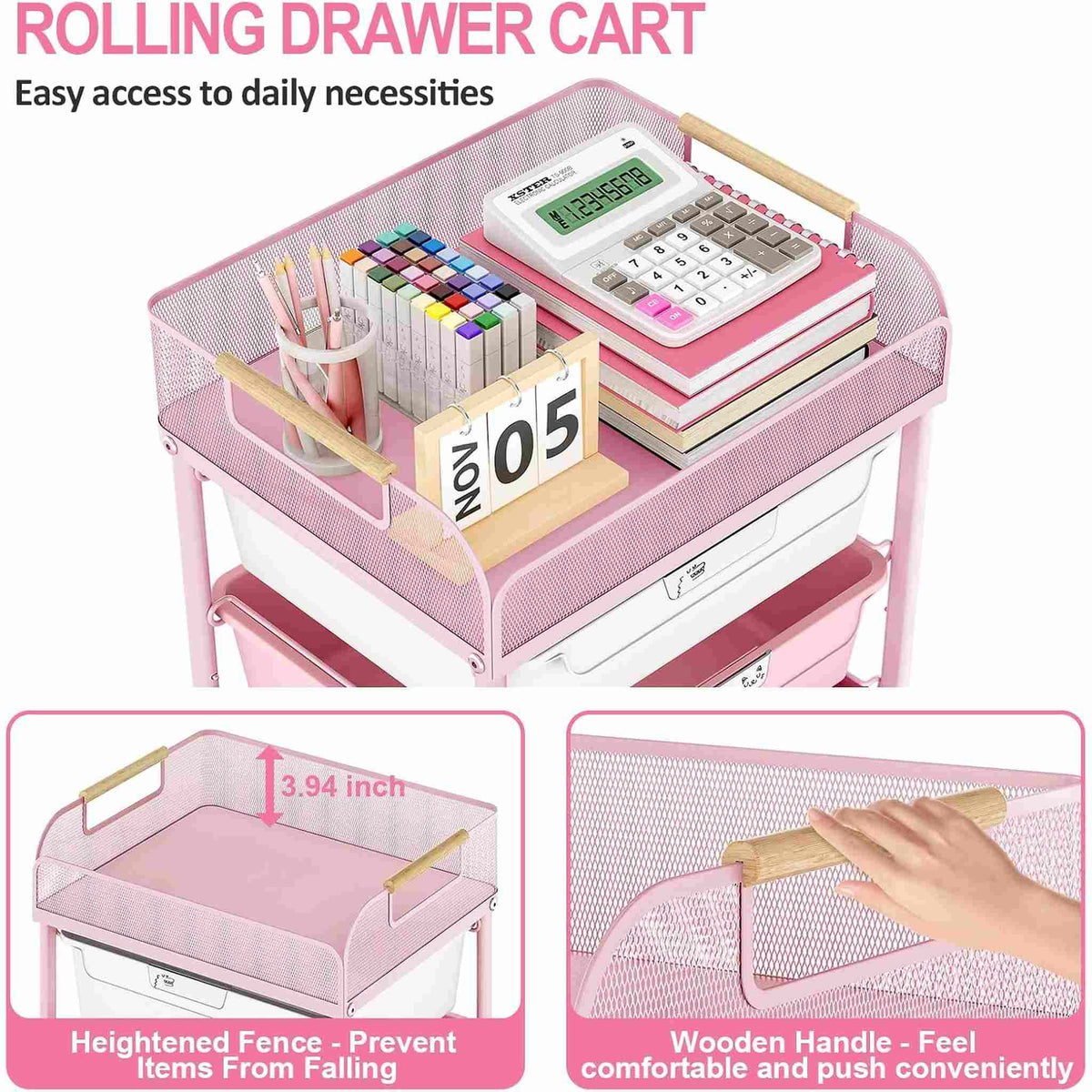SYKIARIOL 4-drawer rolling storage cart – rolling drawer cart with a heightened mesh fence and wooden handle on the top tray