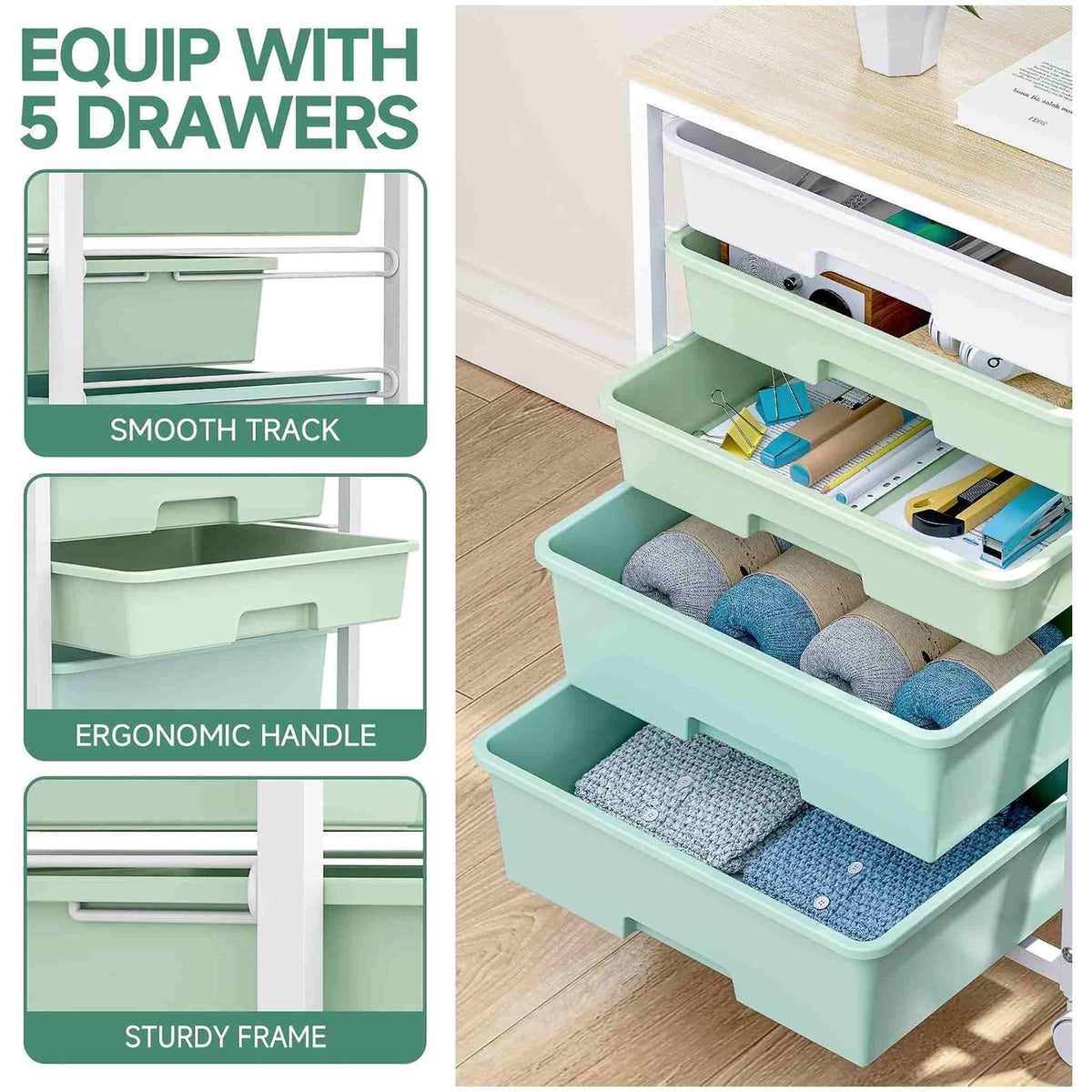 SYKIARIOL 5-drawer rolling storage cart – drawer details: smooth track, ergonomic handle, sturdy frame, holding sewing supplies