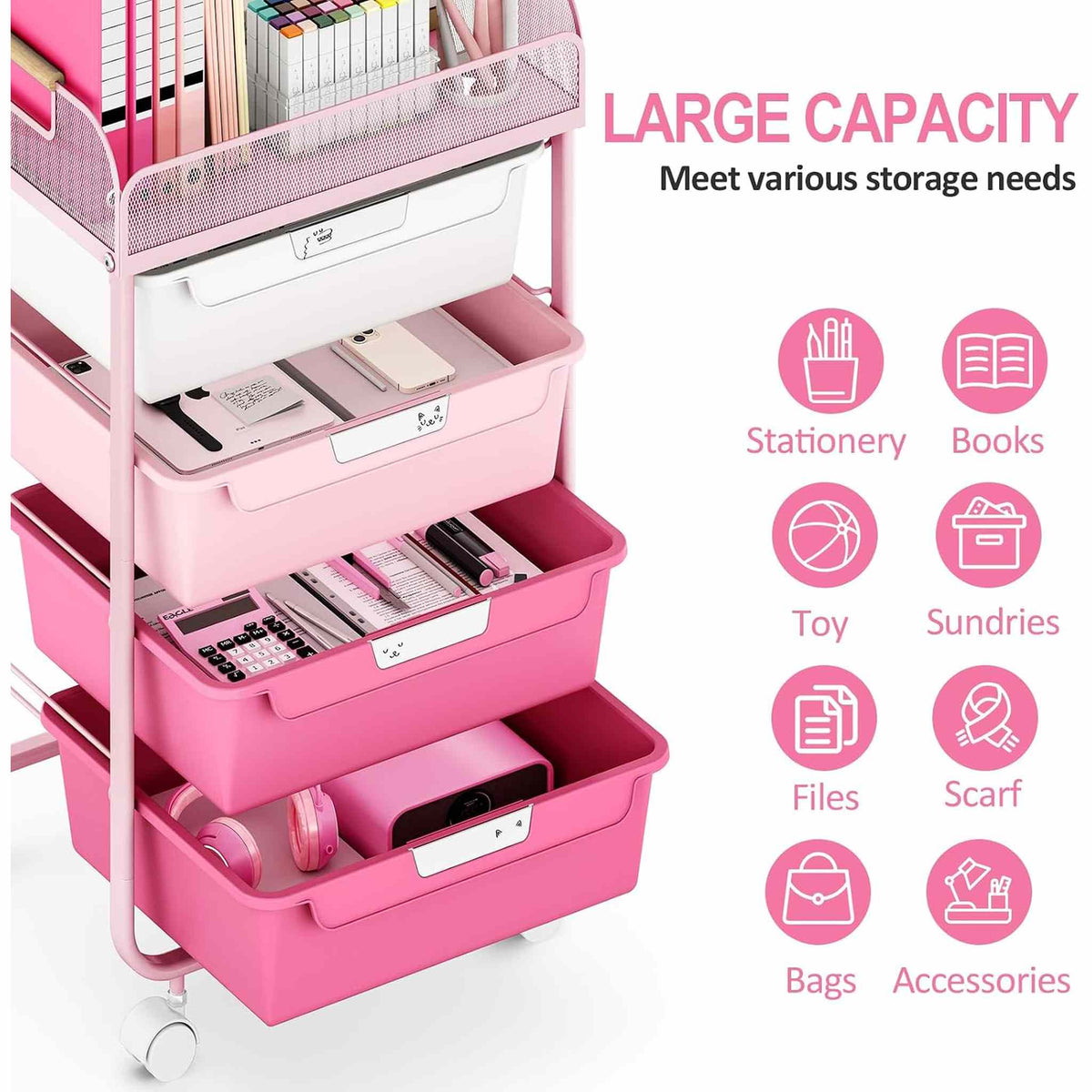 SYKIARIOL 4-drawer rolling storage cart – large capacity for stationery, books, toys, files, scarves, bags and accessories