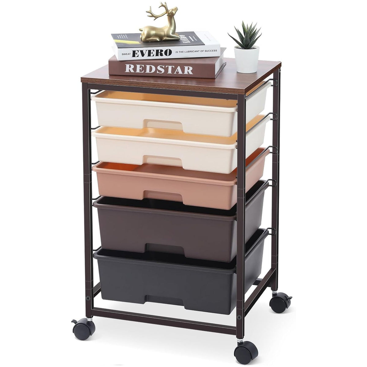 SYKIARIOL 5-drawer rolling storage cart, cream, brown and dark brown drawers on a black metal frame
