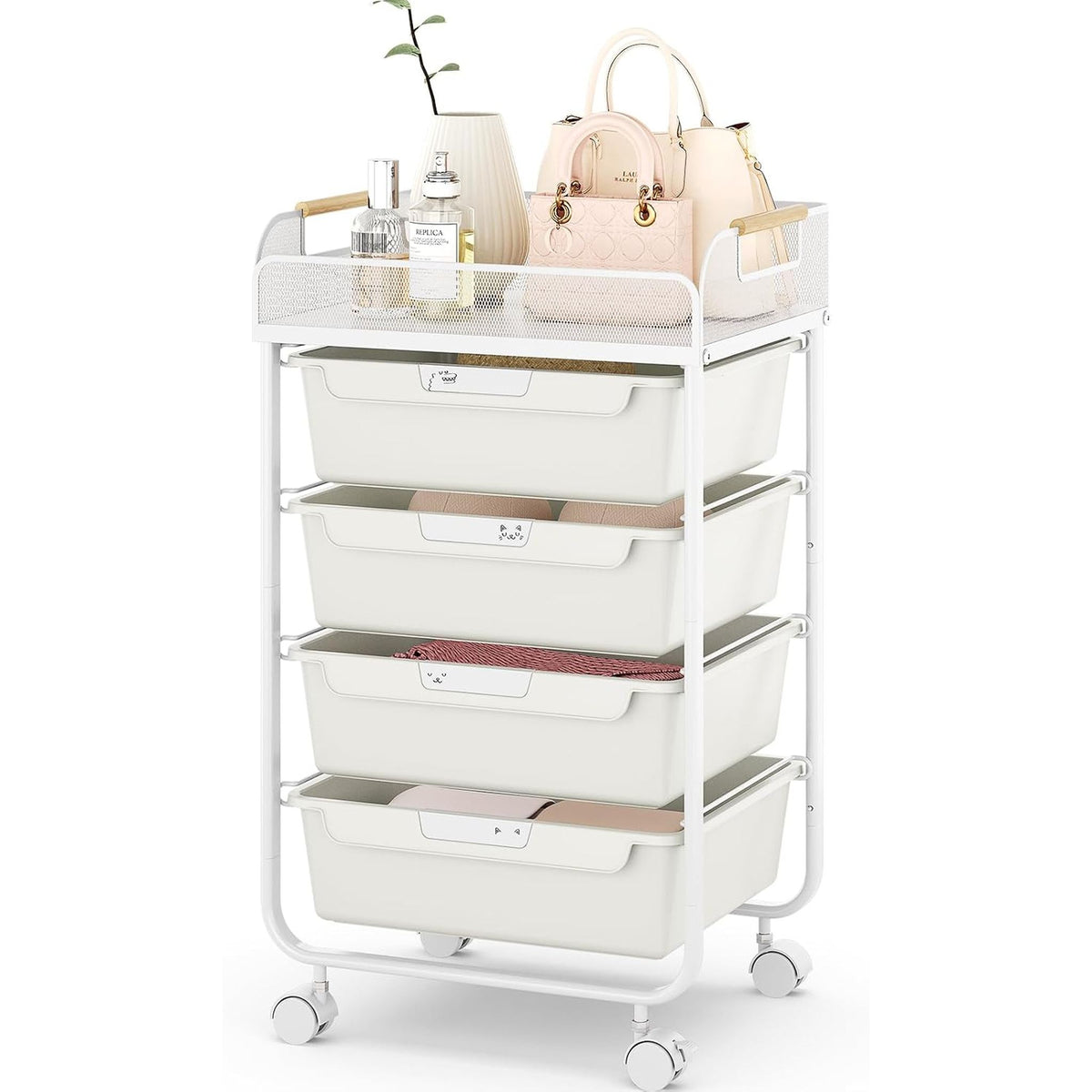 SYKIARIOL 4-drawer rolling storage cart, white and cream drawers with a handbag and plant on top