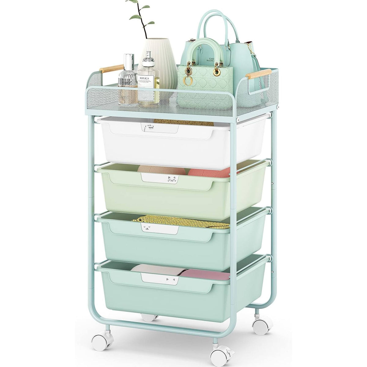 SYKIARIOL 4-drawer rolling storage cart, mint green gradient drawers with a handbag and perfume on top