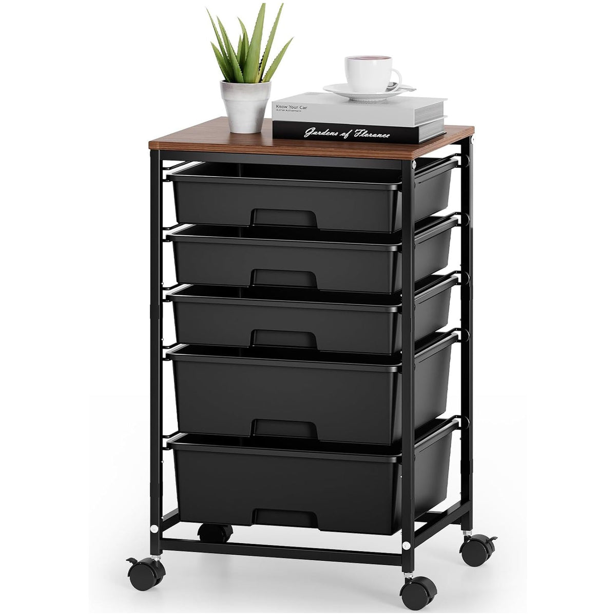 SYKIARIOL 5-drawer rolling storage cart, black drawers with a dark wood top on a black frame
