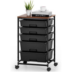 SYKIARIOL 5-drawer rolling storage cart, black drawers with a dark wood top on a black frame