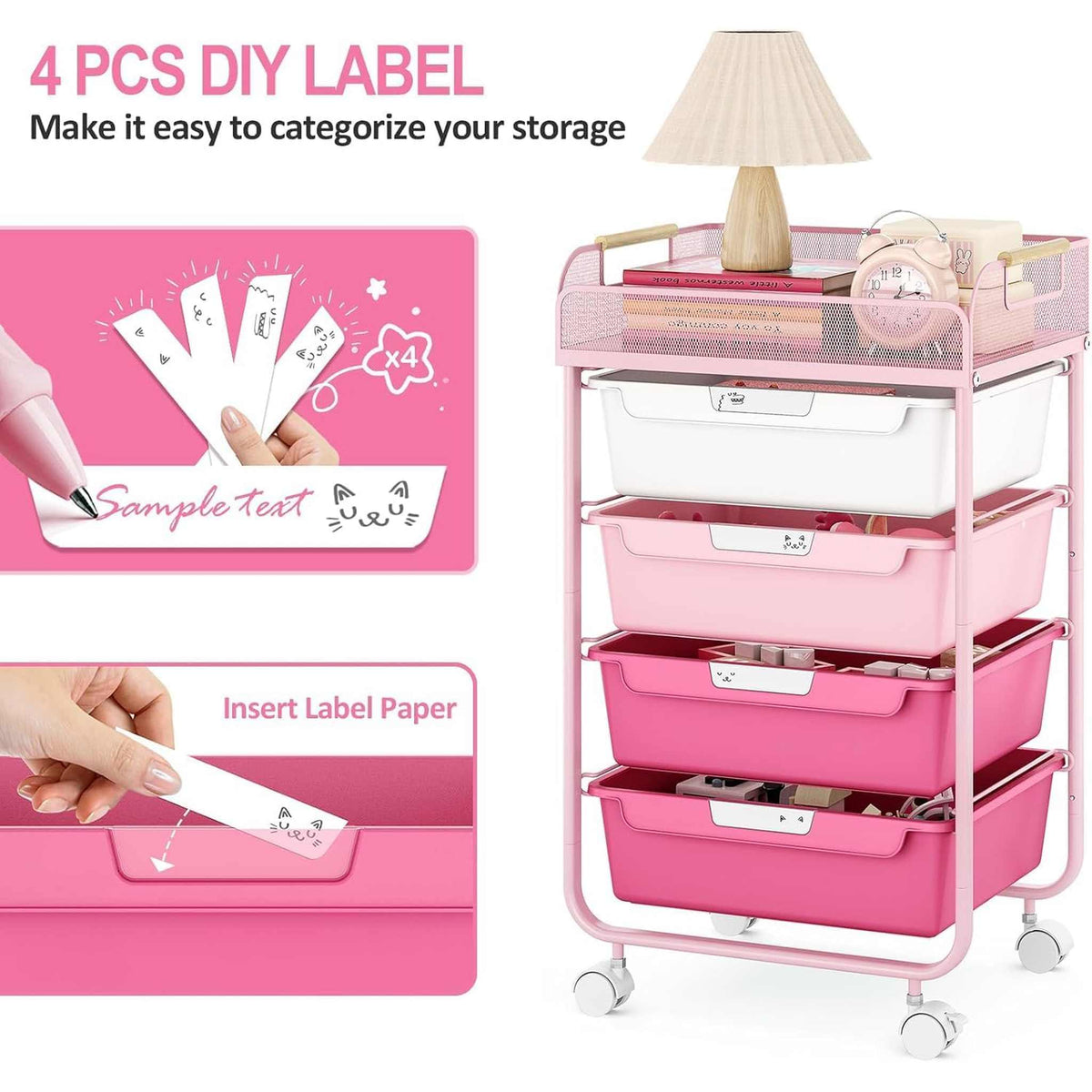 SYKIARIOL 4-drawer rolling storage cart – DIY label feature: slide in label paper to categorize each drawer
