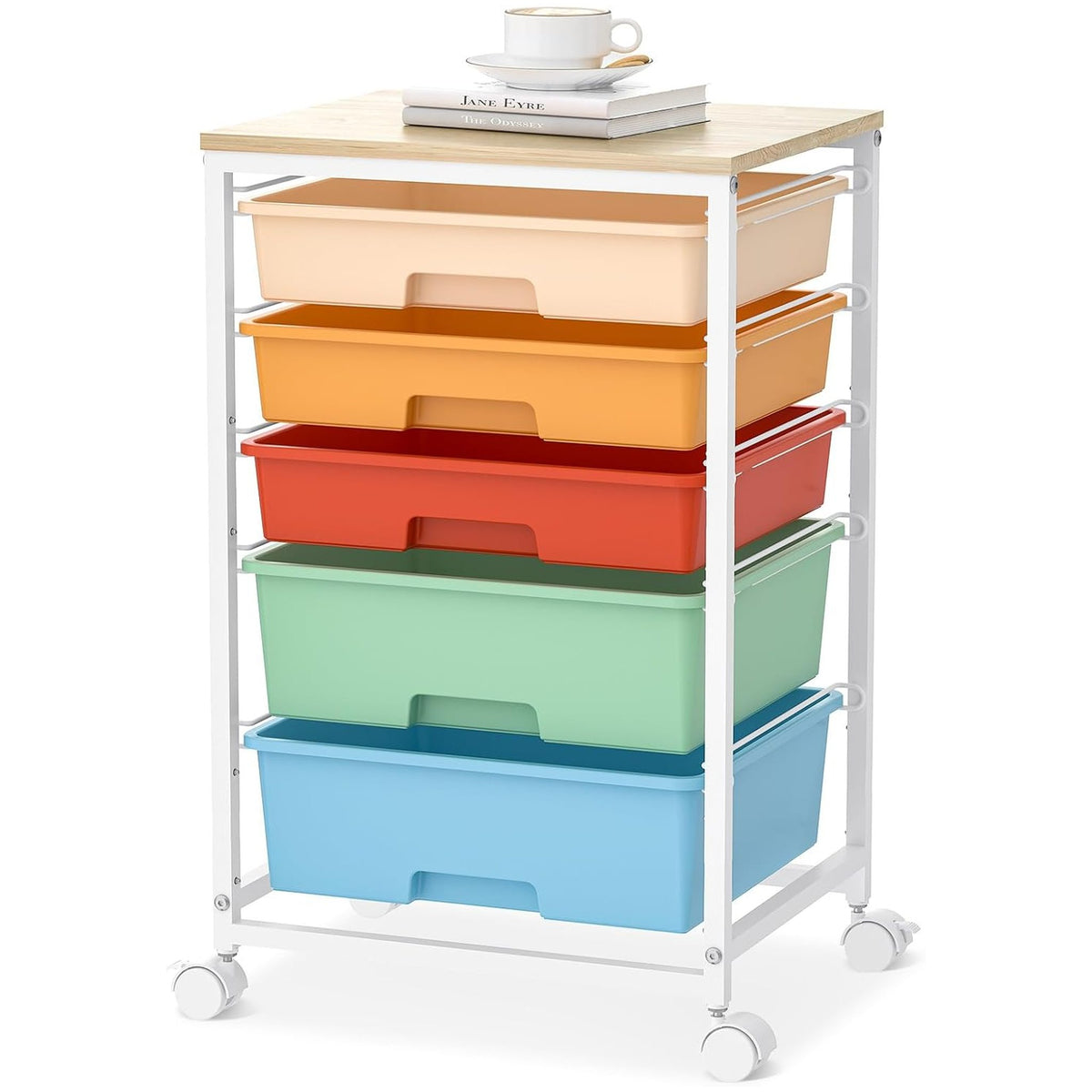 SYKIARIOL 5-drawer rolling storage cart, multicolor drawers in orange, red, green and blue