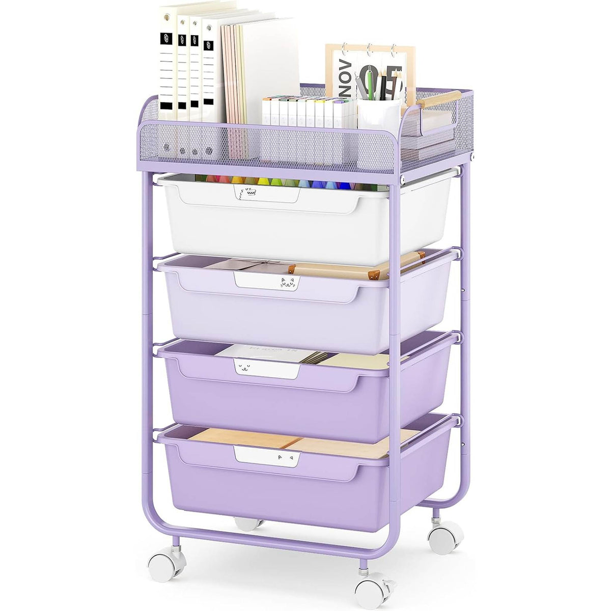 SYKIARIOL 4-drawer rolling storage cart, purple drawers with books and a clock on the mesh top
