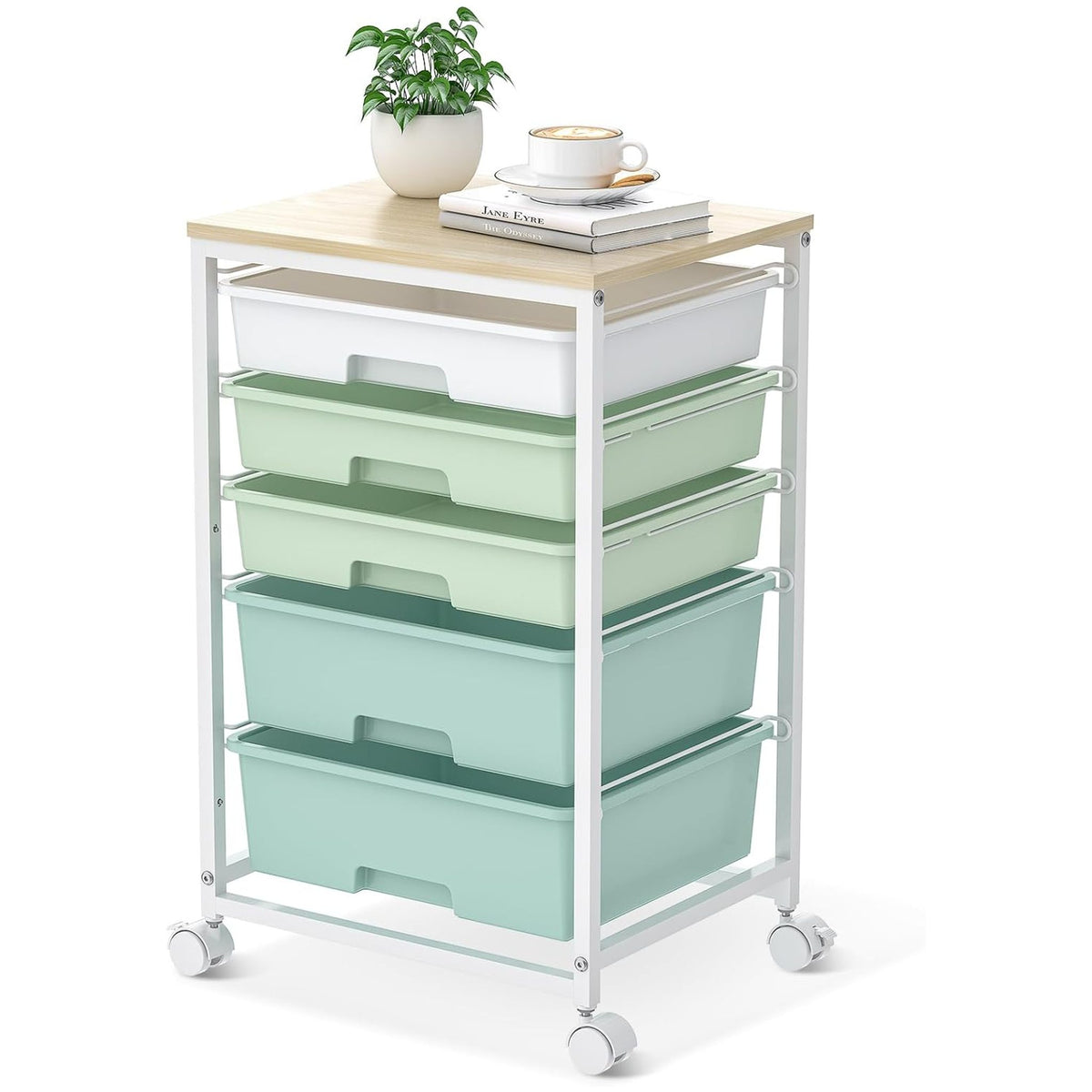 SYKIARIOL 5-drawer rolling storage cart, mint green gradient drawers on a white metal frame