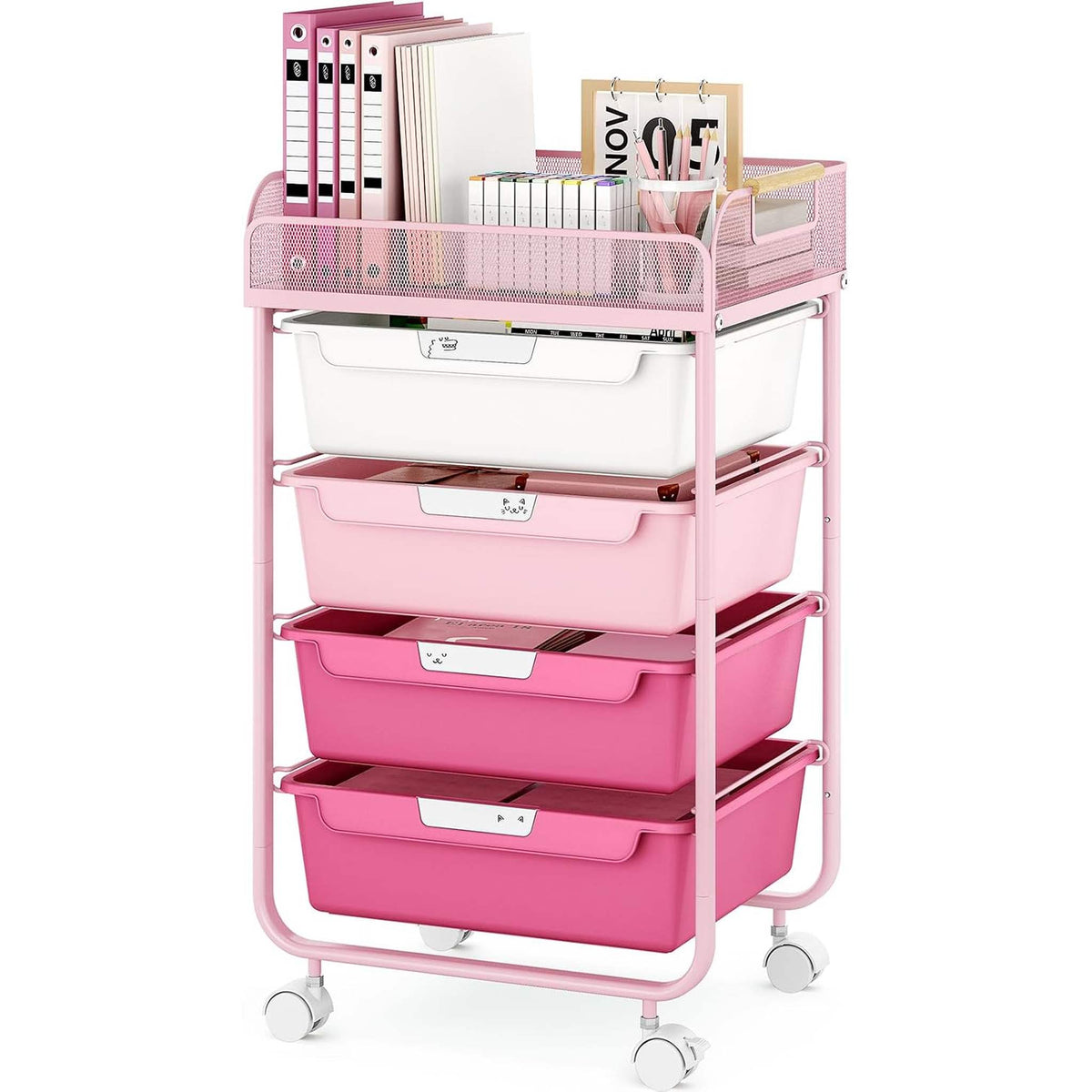 SYKIARIOL 4-drawer rolling storage cart, pink gradient drawers with a pink mesh top tray holding books and a desk calendar