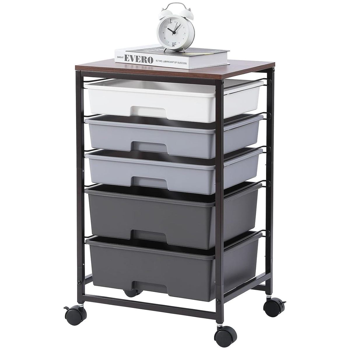 SYKIARIOL 5-drawer rolling storage cart, gray gradient drawers on a black metal frame