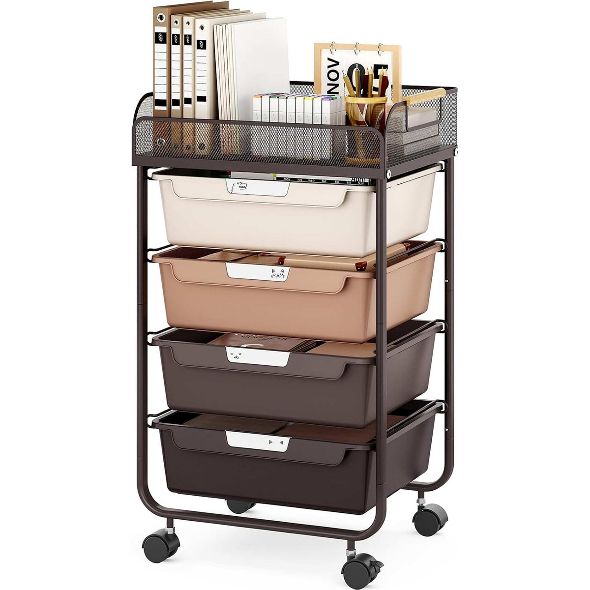 SYKIARIOL 4-drawer rolling storage cart, brown gradient drawers on a black frame with books on the mesh top