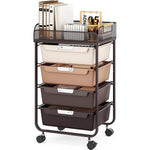 SYKIARIOL 4-drawer rolling storage cart, brown gradient drawers on a black frame with books on the mesh top
