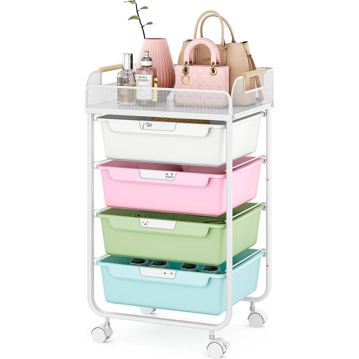 SYKIARIOL 4-drawer rolling storage cart, white frame with white, pink, green and blue drawers and handbags on top