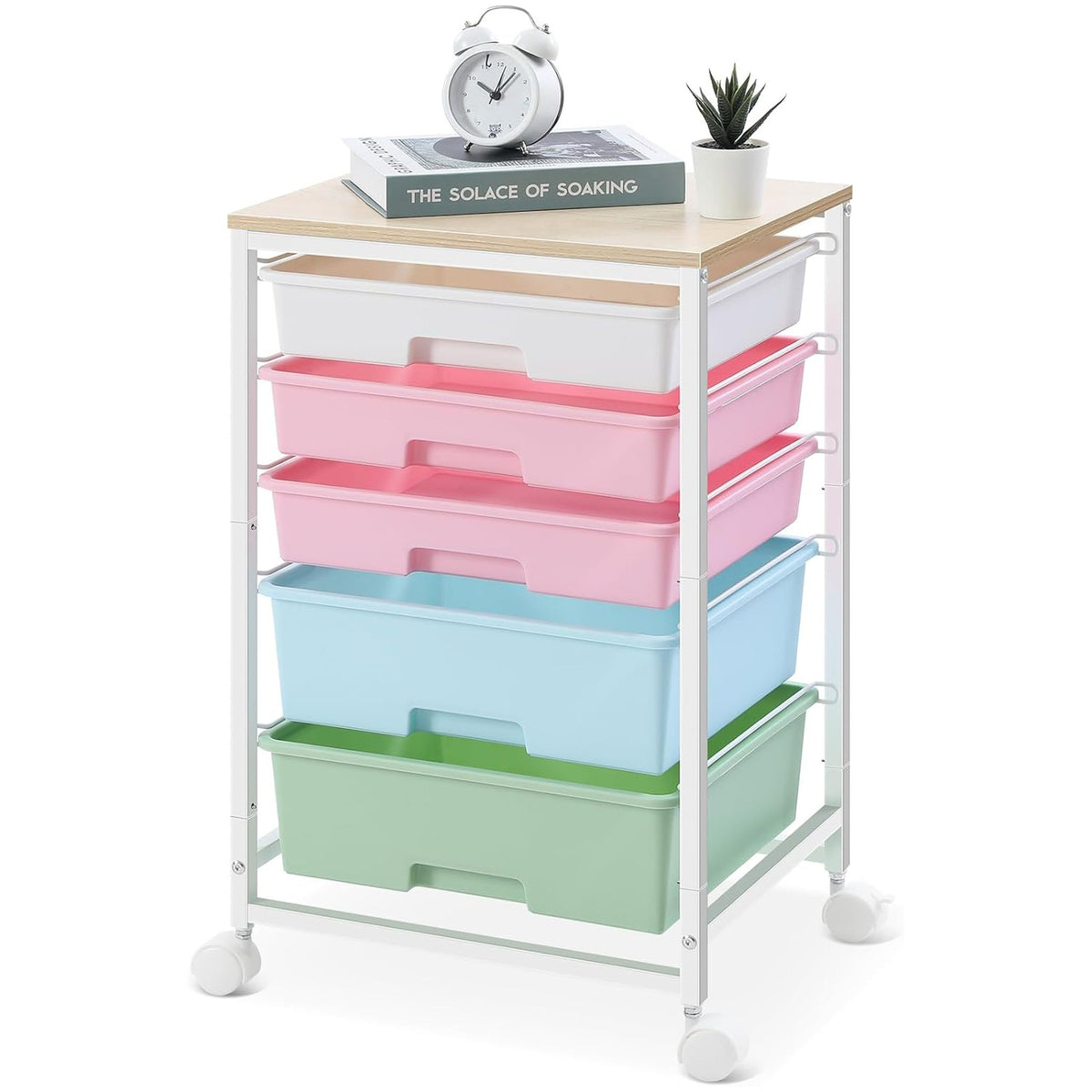 SYKIARIOL 5-drawer rolling storage cart, pastel drawers in pink, blue and green