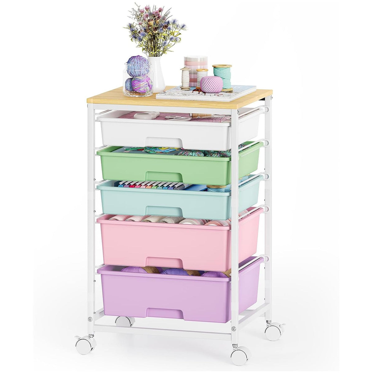SYKIARIOL 5-drawer rolling storage cart, pastel rainbow drawers with flowers and small supplies on top