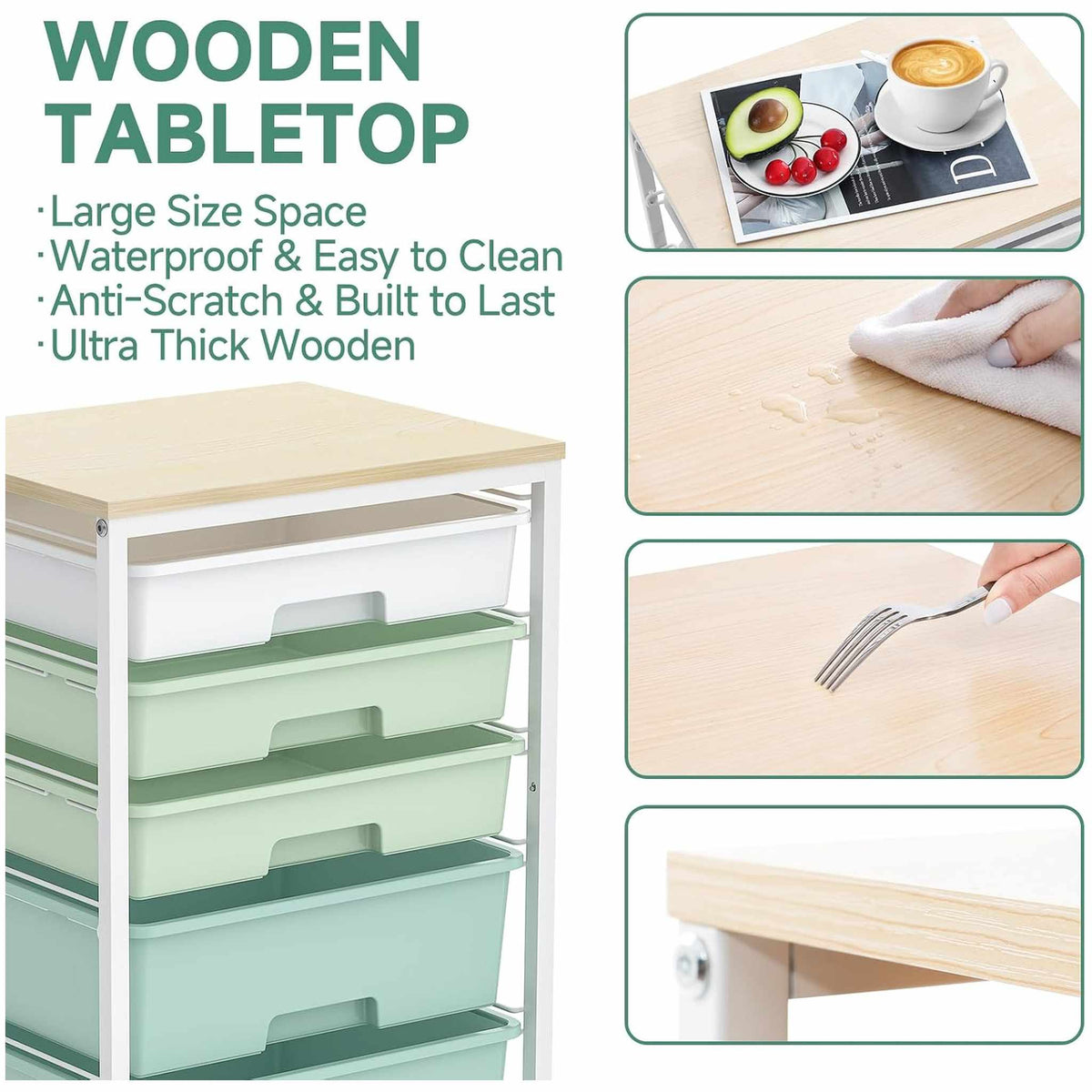 SYKIARIOL 5-drawer rolling storage cart – wooden tabletop details: large size, waterproof and easy to clean, anti-scratch and ultra thick