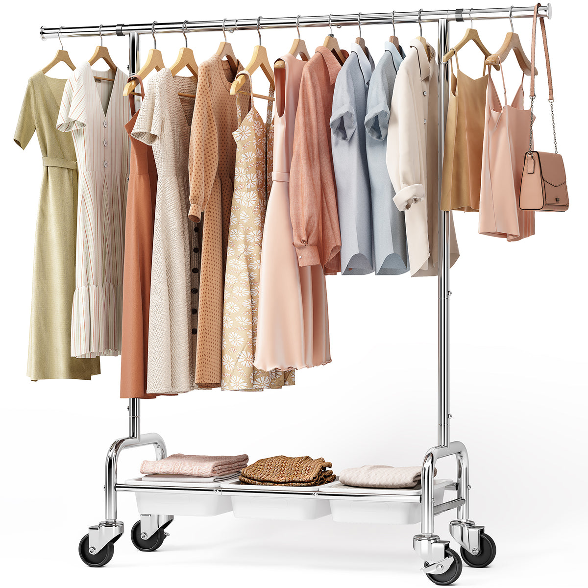 SYKIARIOL Expandable Rolling Garment Rack with 3 Storage Bins & Lockable Wheels — product view 1