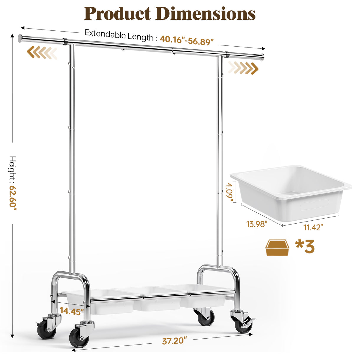 SYKIARIOL Expandable Stainless Steel Garment Rack with 3 Storage Bins & Lockable Wheels — A Practical Fit for Your Space