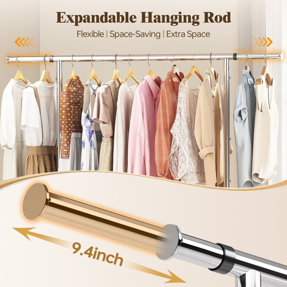 SYKIARIOL Expandable Stainless Steel Garment Rack with 3 Storage Bins & Lockable Wheels — Extra Hanging Space When You Need It