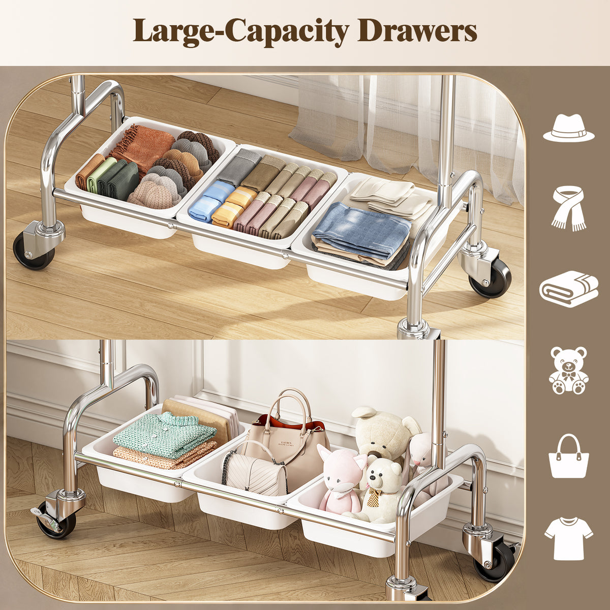 SYKIARIOL Expandable Stainless Steel Garment Rack with 3 Storage Bins & Lockable Wheels — Three Bins for Everyday Essentials