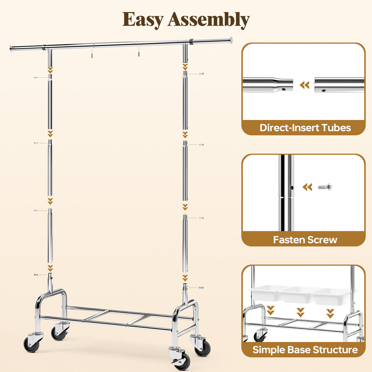 SYKIARIOL Expandable Stainless Steel Garment Rack with 3 Storage Bins & Lockable Wheels — Simple Assembly