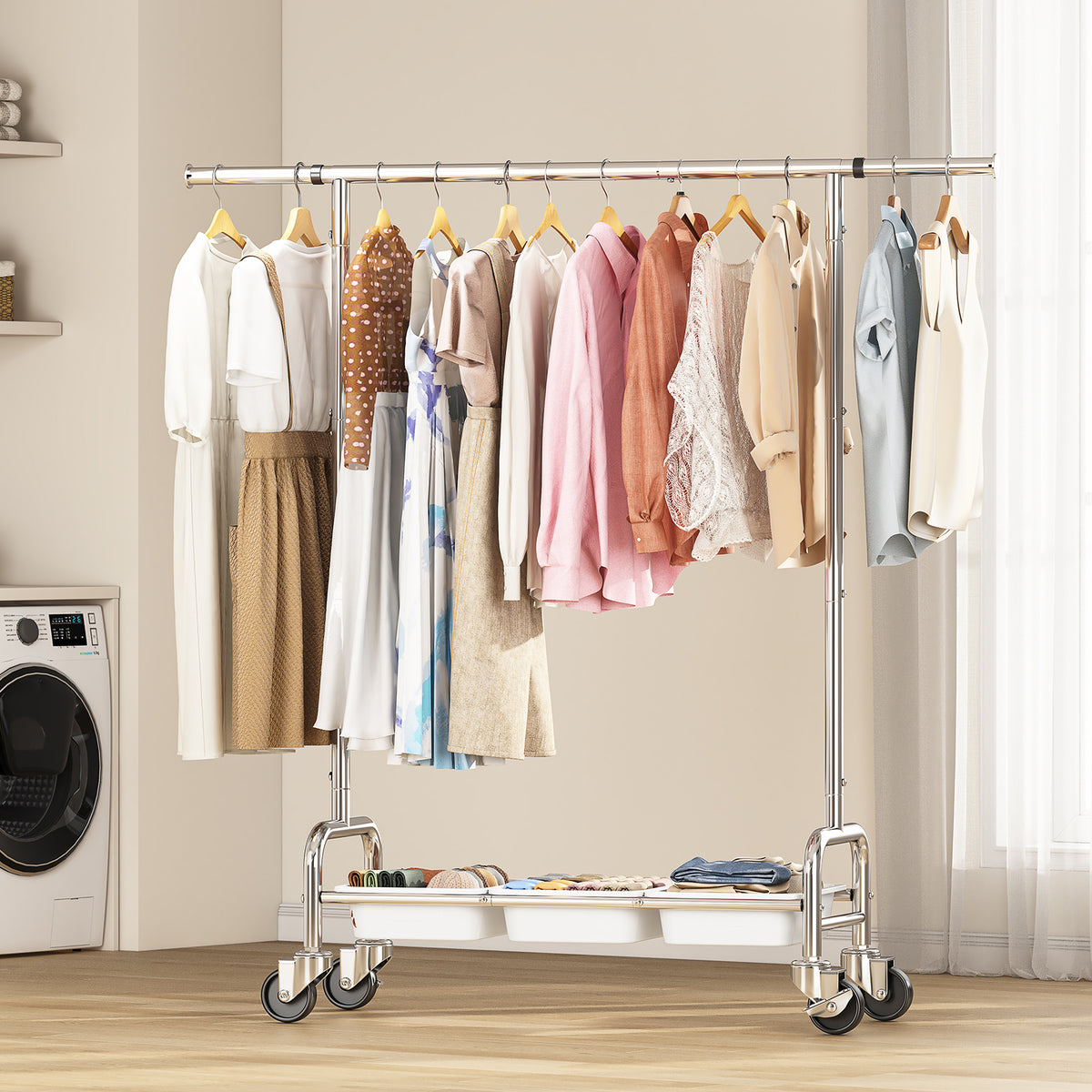 SYKIARIOL Expandable Rolling Garment Rack with 3 Storage Bins & Lockable Wheels — product view 10