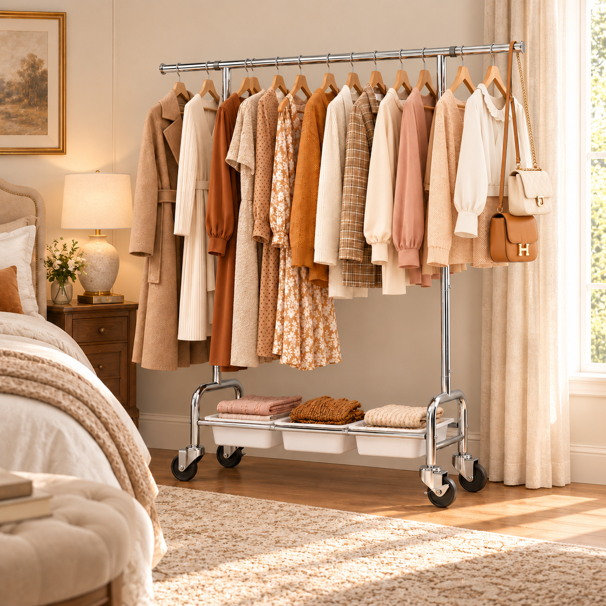 SYKIARIOL Expandable Rolling Garment Rack with 3 Storage Bins & Lockable Wheels — product view 15