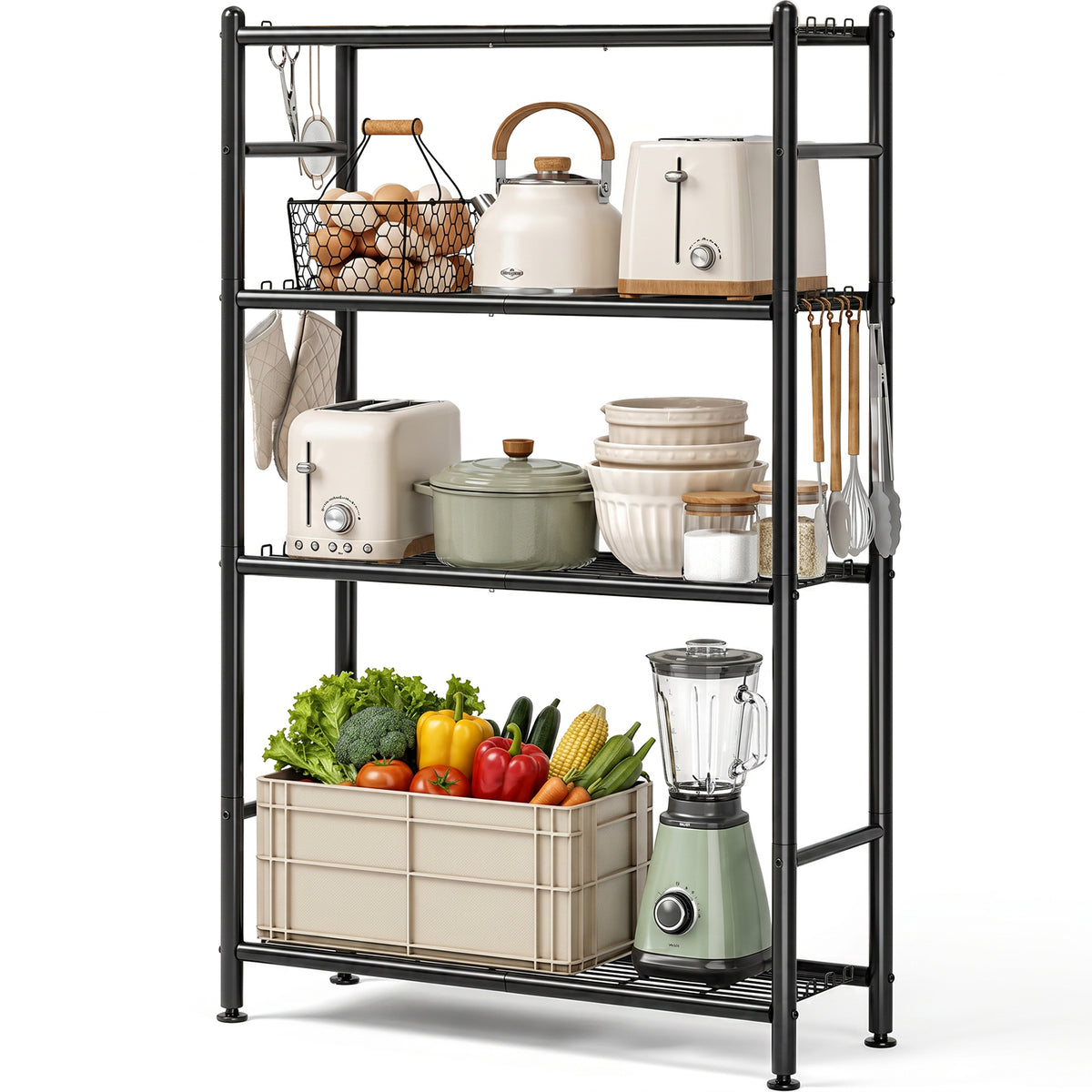 SYKIARIOL 4-Tier Metal Storage Shelf with Side Hooks & Adjustable Feet for Kitchen and Laundry Room — product view 1
