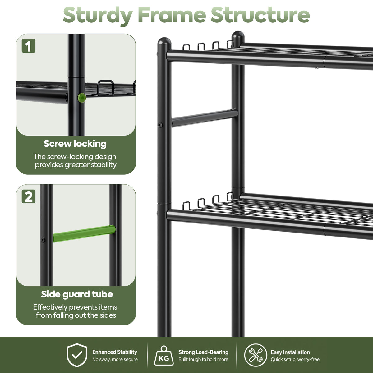SYKIARIOL 4 Tier Metal Storage Shelf with Side Hooks & Adjustable Feet for Kitchen and Laundry Room — Secure Frame Connections