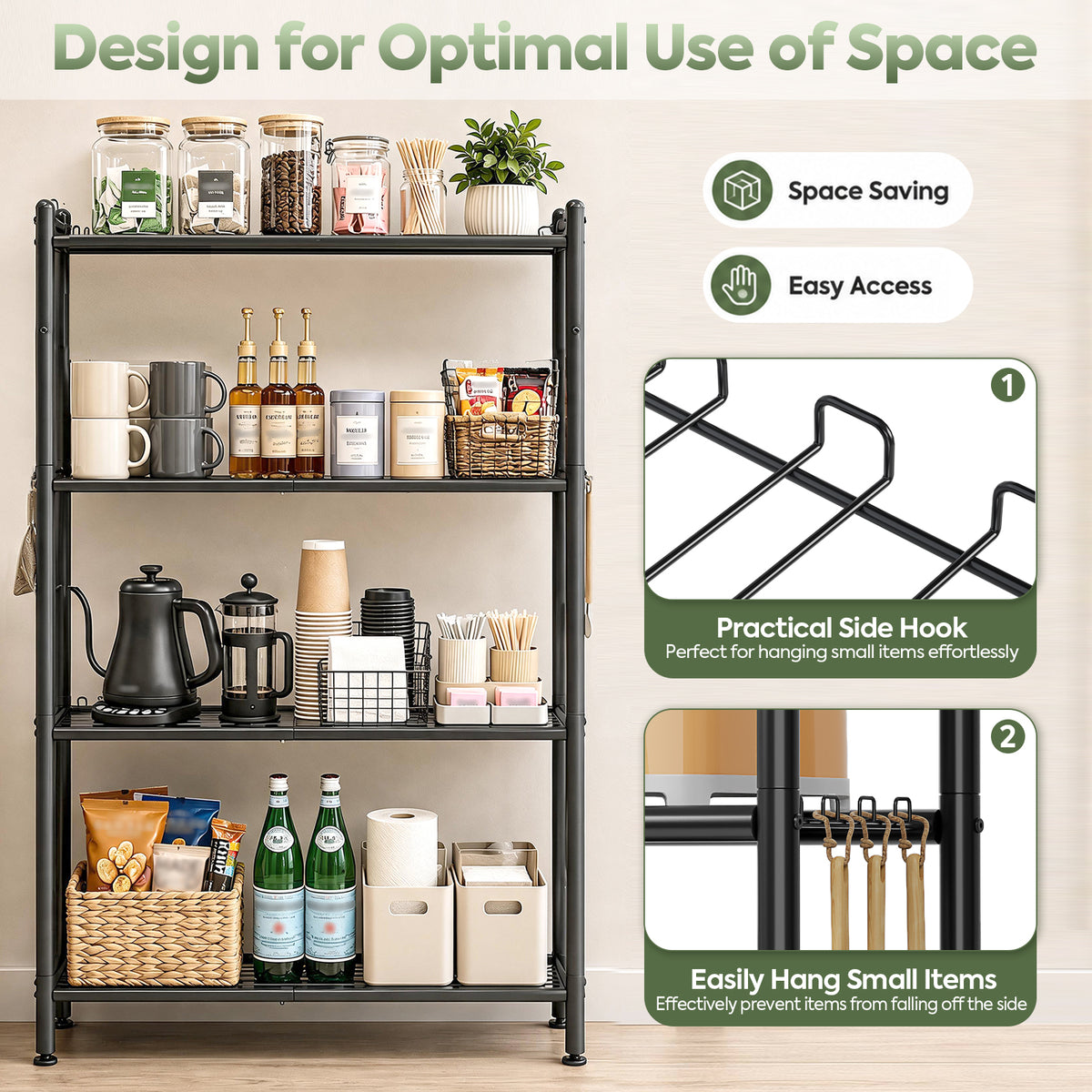 SYKIARIOL 4 Tier Metal Storage Shelf with Side Hooks & Adjustable Feet for Kitchen and Laundry Room — Practical Side Hooks