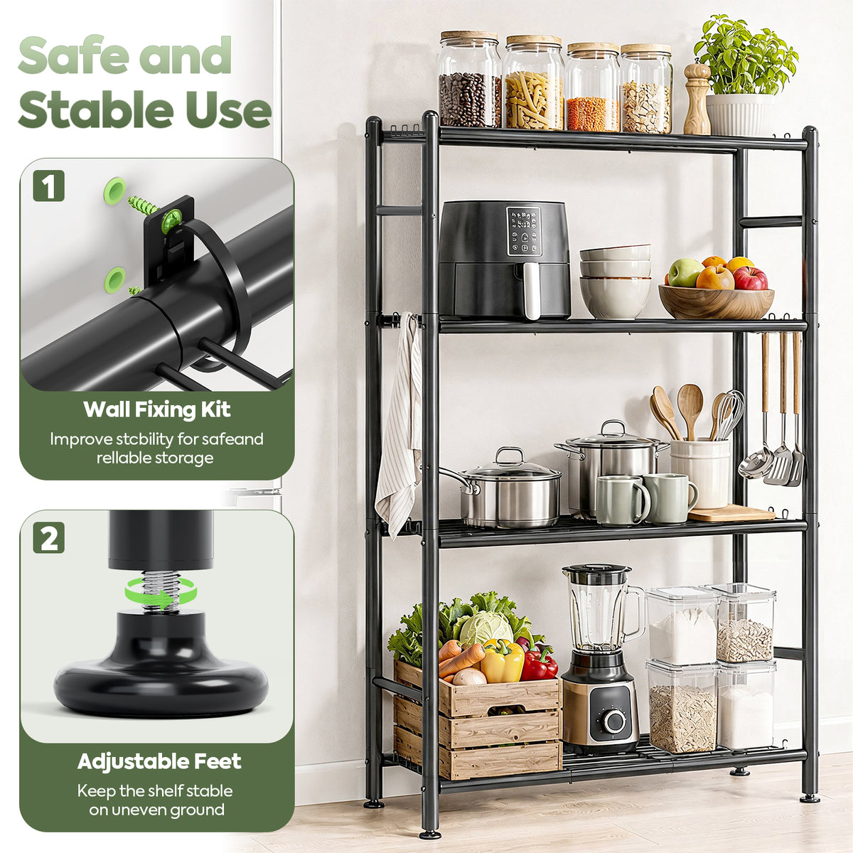 SYKIARIOL 4 Tier Metal Storage Shelf with Side Hooks & Adjustable Feet for Kitchen and Laundry Room — Adjustable Feet and Wall Fixing Kit