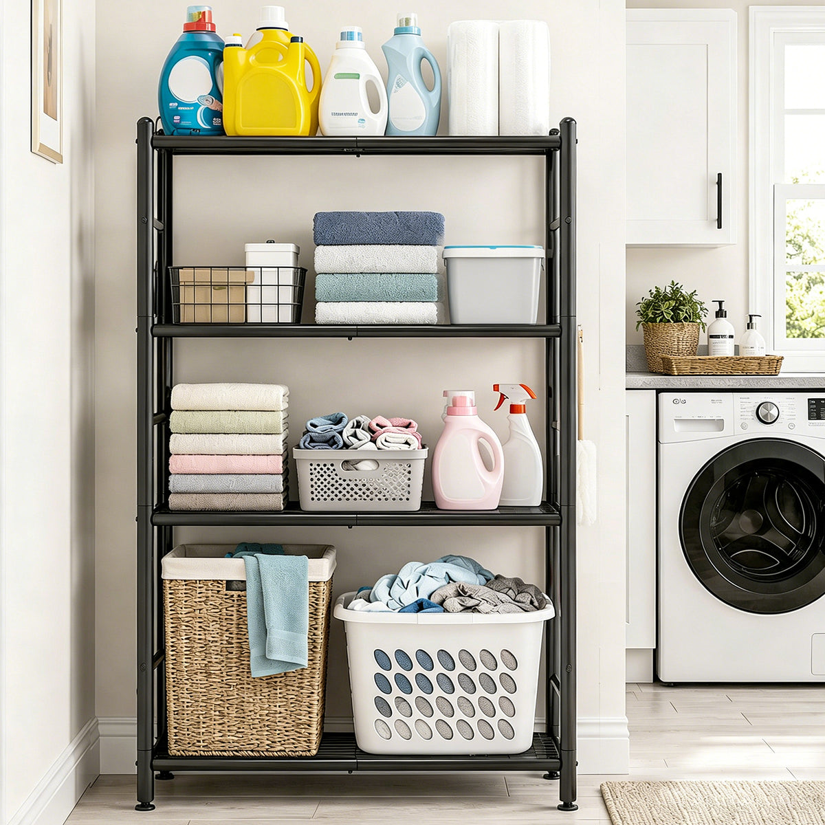 SYKIARIOL 4 Tier Metal Storage Shelf with Side Hooks & Adjustable Feet for Kitchen and Laundry Room — Storage Beyond the Kitchen