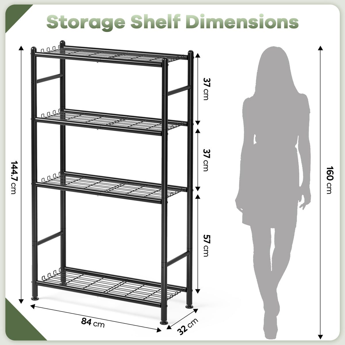 SYKIARIOL 4-Tier Metal Storage Shelf with Side Hooks & Adjustable Feet for Kitchen and Laundry Room — product view 11