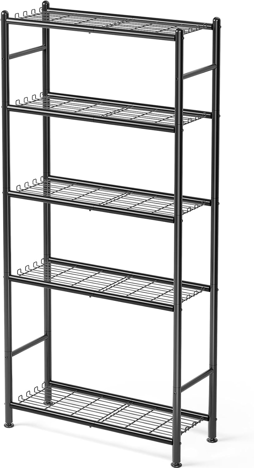 SYKIARIOL 4/5 Tier Metal Storage Shelf with Side Hooks & Adjustable Feet for Kitchen and Laundry Room — 5-Tier Storage Option