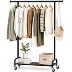 SYKIARIOL Rolling Garment Rack with Bottom Shelf & Lockable Wheels, Black Metal Frame — Everyday Clothing Within Reach
