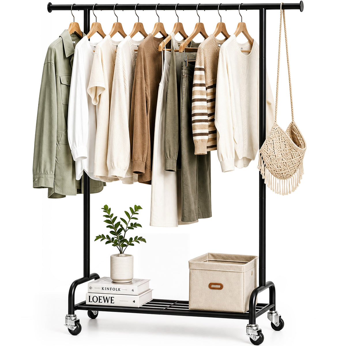 SYKIARIOL Rolling Garment Rack with Bottom Shelf & Lockable Wheels, Black Metal Frame — Everyday Clothing Within Reach