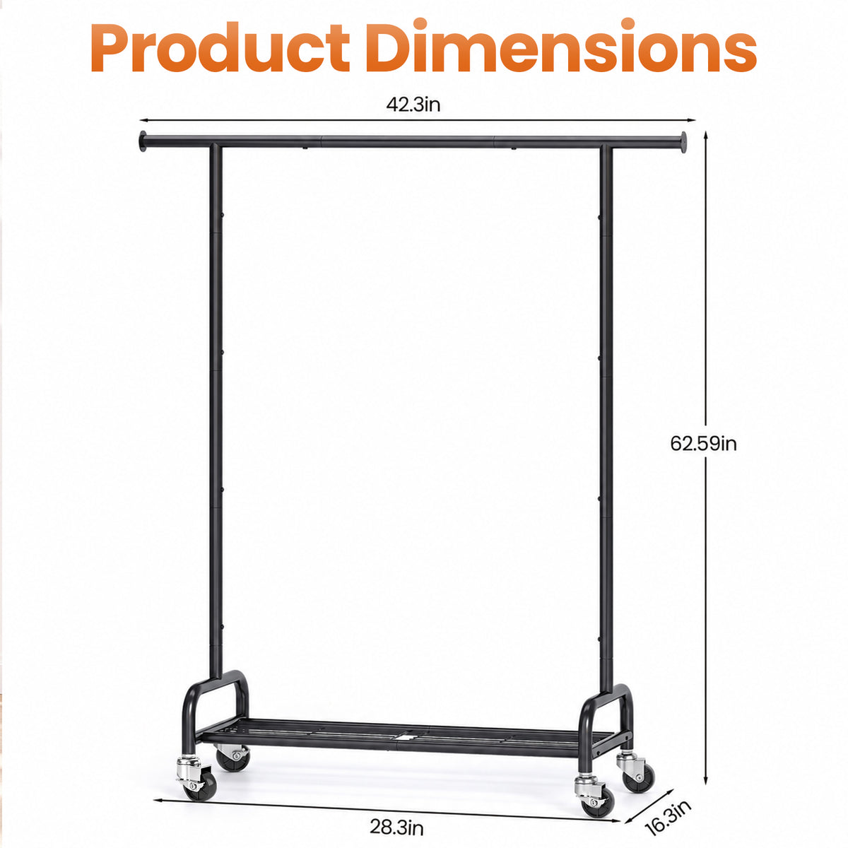 SYKIARIOL Rolling Garment Rack with Bottom Shelf & Lockable Wheels, Black Metal Frame — Check the Fit Before You Choose