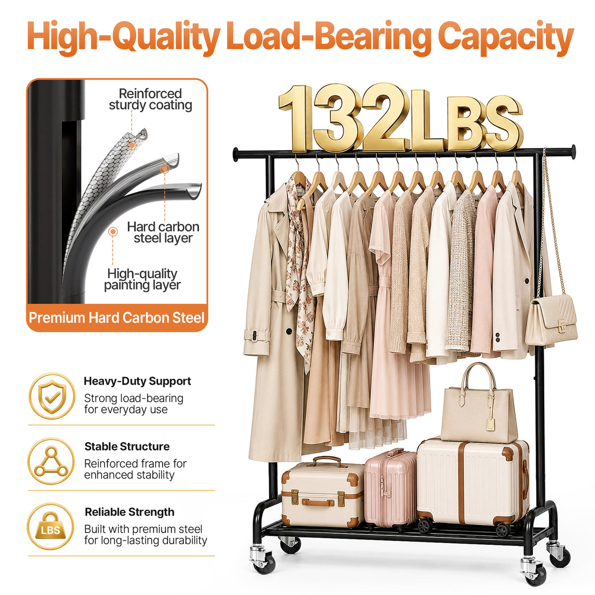 SYKIARIOL Rolling Garment Rack with Bottom Shelf & Lockable Wheels, Black Metal Frame — Sturdy Carbon Steel Frame