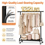 SYKIARIOL Rolling Garment Rack with Bottom Shelf & Lockable Wheels, Black Metal Frame — Sturdy Carbon Steel Frame