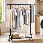 SYKIARIOL Rolling Garment Rack with Bottom Shelf & Lockable Wheels, Black Metal Frame — A Flexible Clothing Station