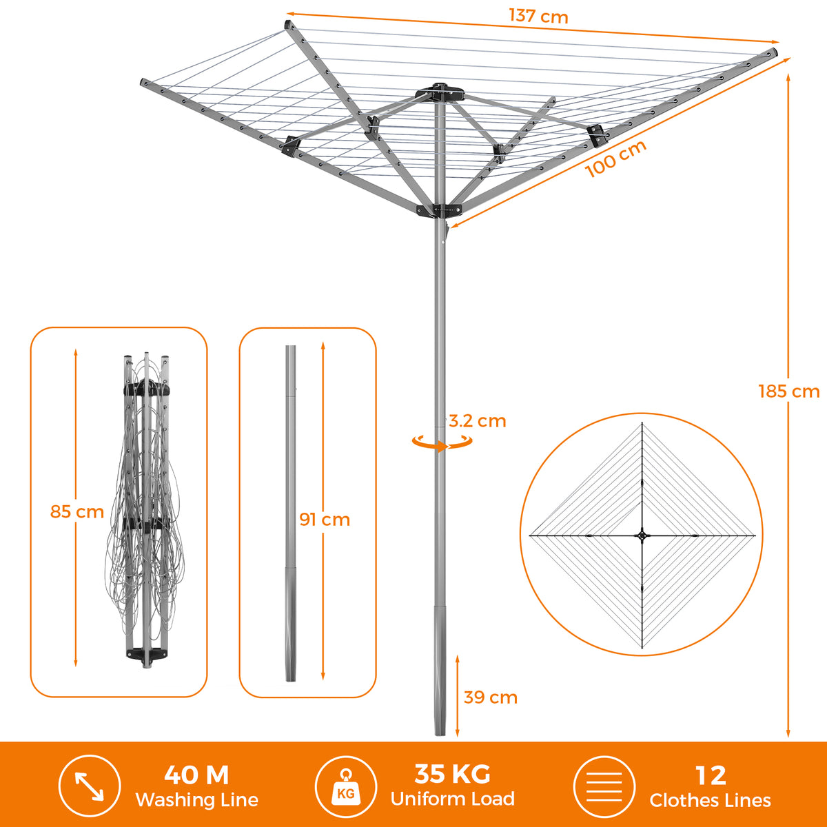 SYKIARIOL 131 ft Rotary Outdoor Clothesline — Silver, view 2