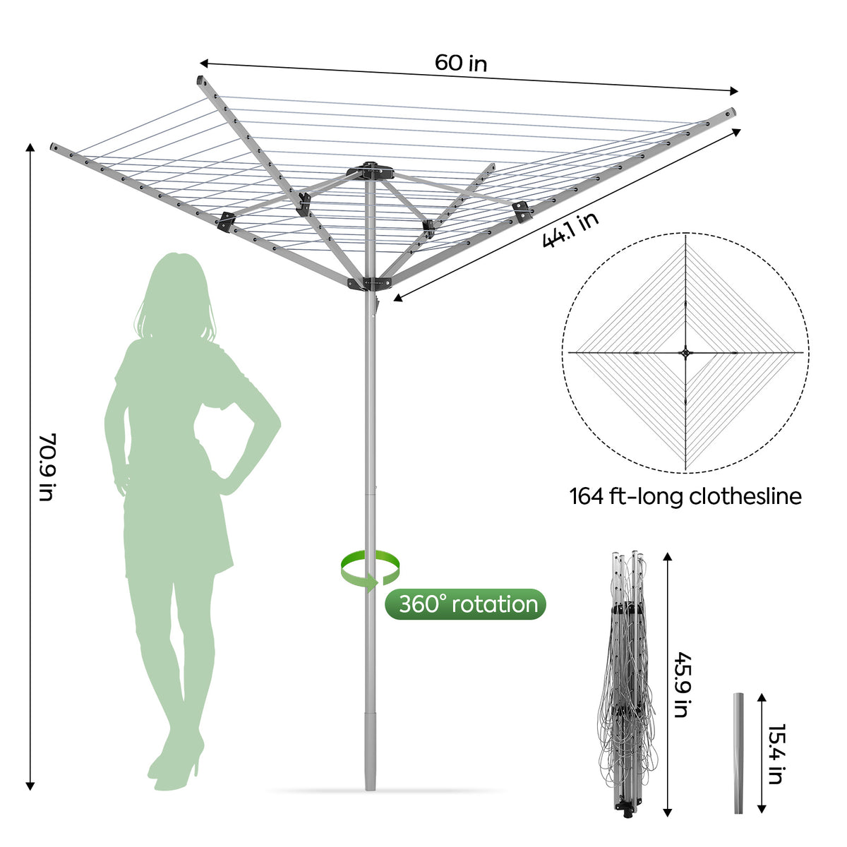 SYKIARIOL 164 ft Rotary Outdoor Clothesline — Silver, view 2