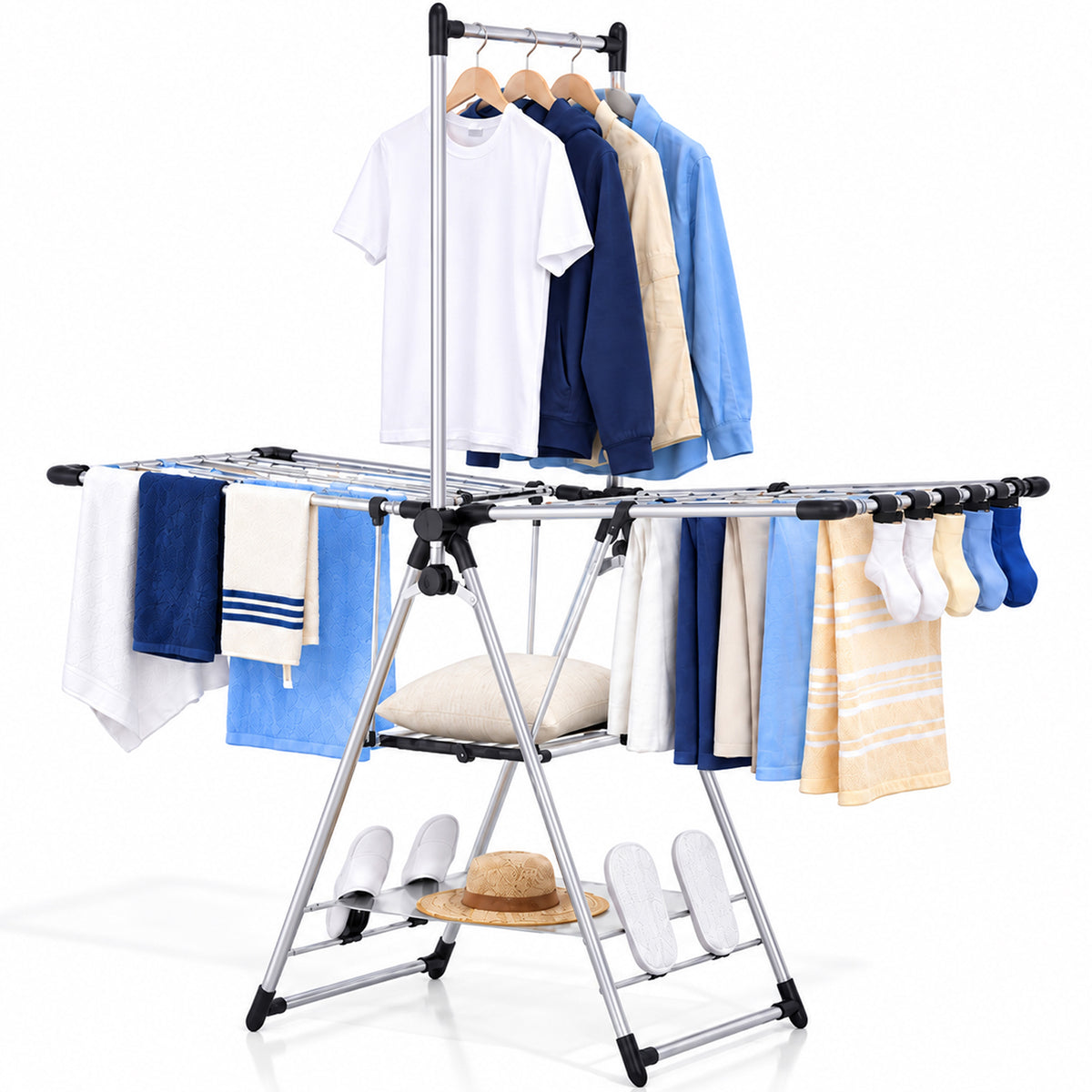 SYKIARIOL Three-Level Clothes Drying Rack with High Hanging Rail — Silver, view 1