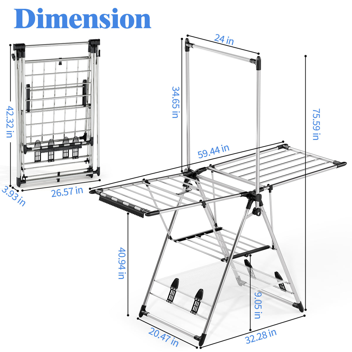 SYKIARIOL Three-Level Clothes Drying Rack with High Hanging Rail — Silver, view 2