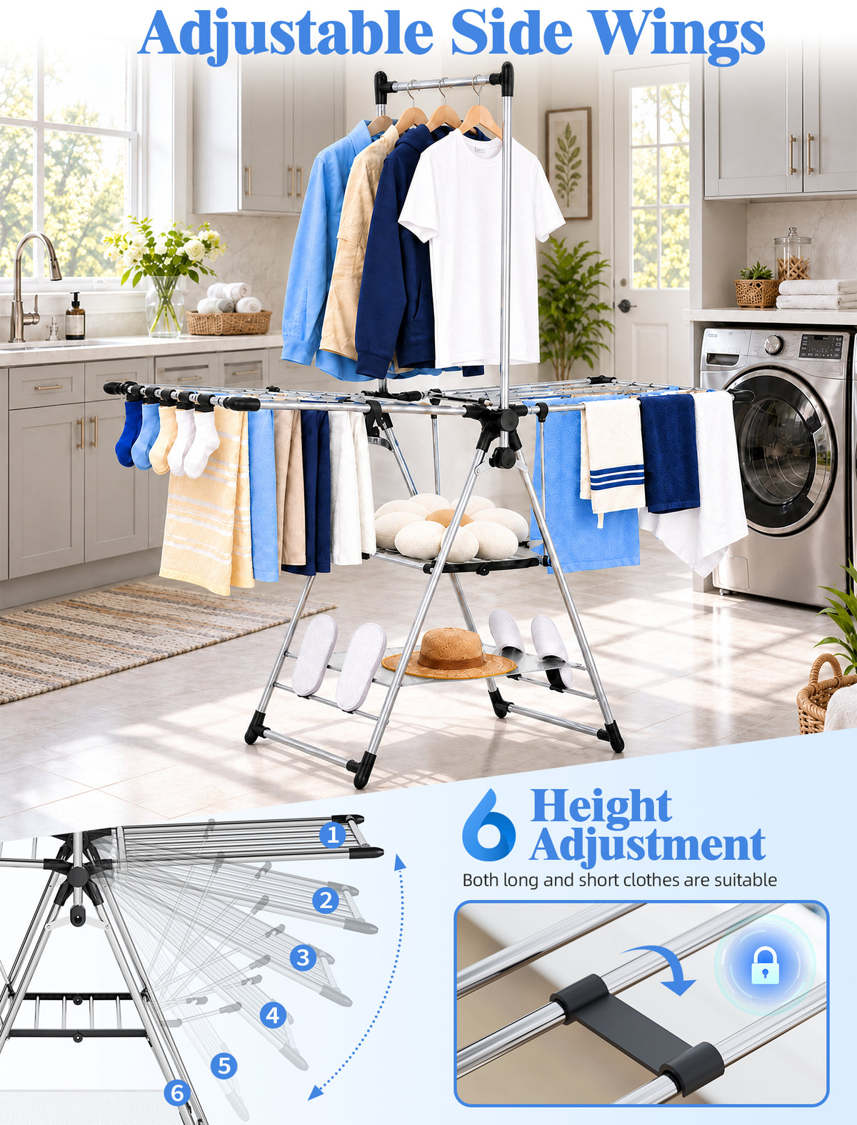 SYKIARIOL Three-Level Clothes Drying Rack with High Hanging Rail — Silver, view 3